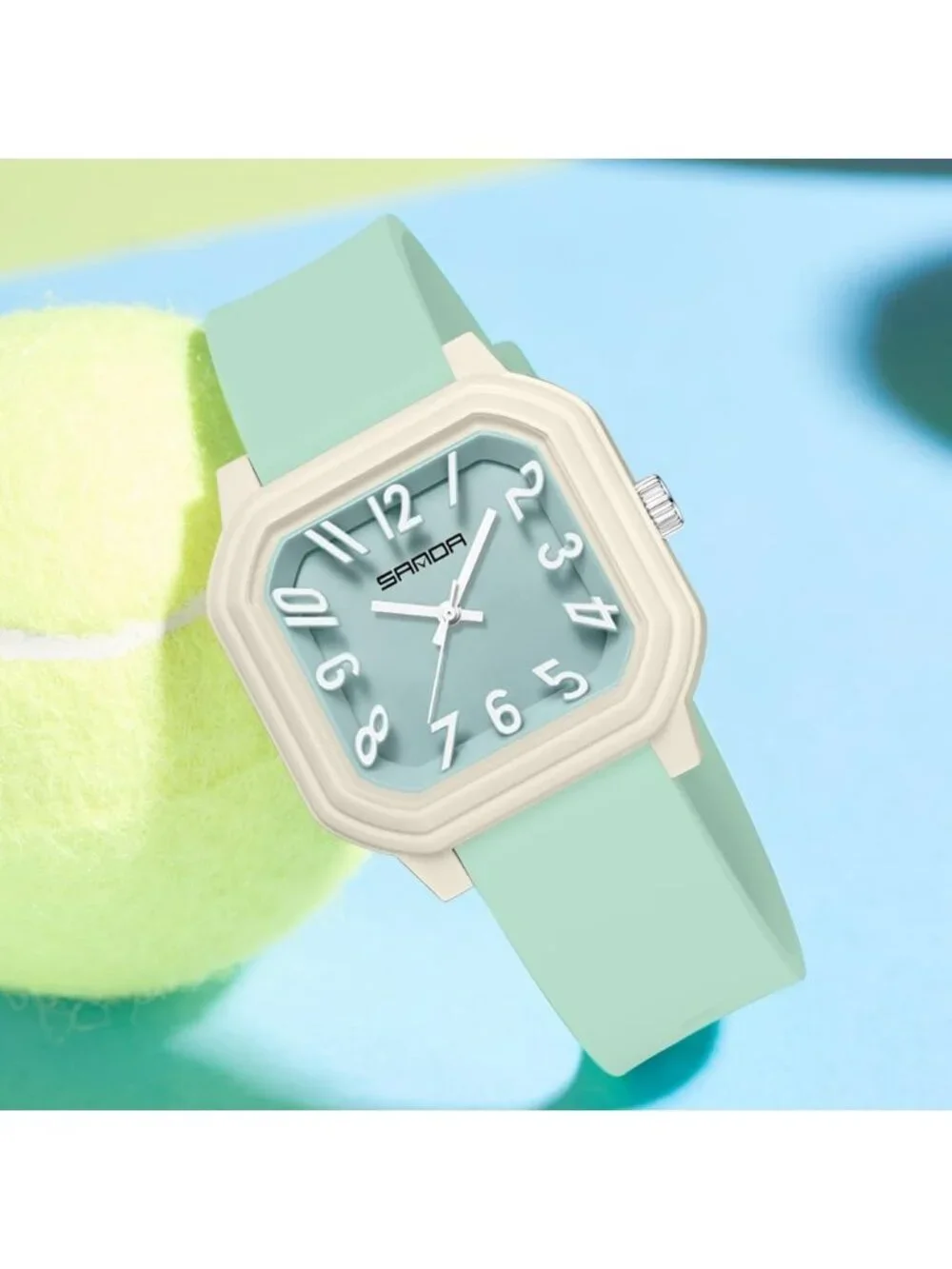 Women’s Green Quartz Big Arabic Numbers Silicone Strap Analog Square Wrist Watch